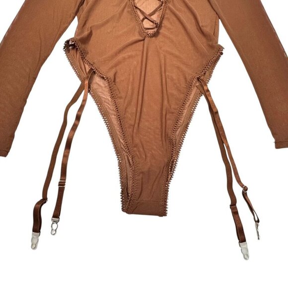 NWT Frederick's of Hollywood Mesh Bodysuit Teddy Sz.M Brown  Sheer Garter Sexy - Picture 5 of 7